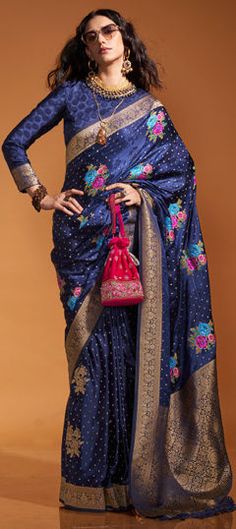 Blue color Saree in Satin Silk, Silk fabric with Weaving, Zari work Blue Saree With Dori Work, Royal Blue Saree With Pallu For Reception, Blue Zari Weaving Traditional Party Wear, Blue Dori Work Saree For Reception, Blue Traditional Wear With Zari Weaving For Party, Blue Saree With Dori Work For Reception, Blue Wedding Saree With Dori Work, Reception Blue Dupatta With Zari Weaving, Blue Zari Weaving Dupatta For Reception