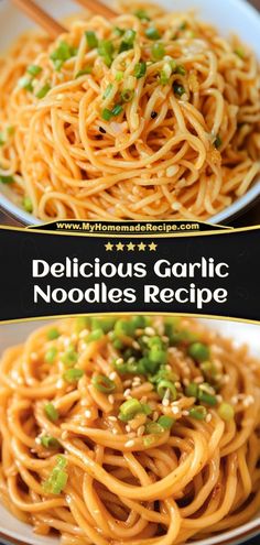 delicious garlic noodles with green onions and sesame seeds