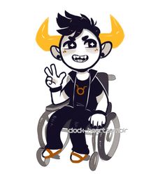 a cartoon character sitting in a wheel chair with horns on his head, making the peace sign