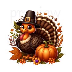 a turkey wearing a pilgrim hat and surrounded by fall leaves, pumpkins and acorns