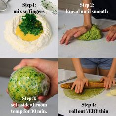 four pictures showing steps to make broccoli bread