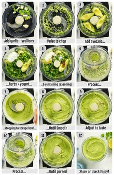 the steps to make avocado sauce in a food processor are shown with instructions