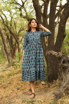 🌿  INDRANI Feel fresh and vibrant in our every day Indrani dress. Designed for effortlessly feminine look. With a gathered waist and beautiful traditional ikat motifs, this dress is all about casual comfort. Size S:  Shoulders 38cm - 15.3"    Bust 94cm - 37" Waist 84cm - 33" Length approx. 118cm - 46.4" Size M:   Shoulders 41cm - 16.1" Bust 100cm - 39.3" Waist 88cm - 34.6" Length approx. 118cm - 46.4" Size L:   Shoulders 42cm - 16.5" Bust 106cm - 41.7" Waist 92cm - 36.2" Length approx. 118cm - Blue Bohemian Dress With Yoke Detail, Ikat Motifs, Long Skirt Fashion, Ikat Dress, Holiday Summer, Blouse Design Models, Summer Blue, Dress Purchase, Feminine Look