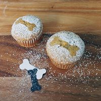 two muffins with powdered sugar and a dog bone cutout on a wooden table