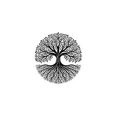 a black and white image of a tree with its roots in the shape of a circle