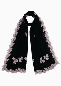 This black scarf, woven from a fine blend of wool and silk, is bordered and hand appliqued with a contrasting and delicate shiny antique silver leaf patterned lace. It is a perfect size that keeps you comfortably warm whilst making for a fashionable and contemporary accessory for any evening wear. Elegant Formal Shawl With Intricate Embroidery, Festive Black Shawl With Floral Embroidery, Formal Shawl With Intricate Embroidery, Black Embroidered Silk Shawl, Black Floral Embroidered Shawl Dupatta, Black Embroidered Shawl For Wedding, Black Floral Embroidered Dupatta Shawl, Black Shawl Dupatta With Floral Embroidery, Black Silk Dupatta With Floral Embroidery