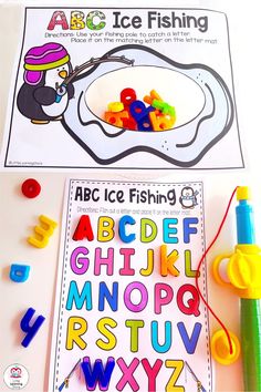 an ice fishing game with letters and numbers on the table next to it is a coloring book