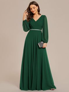 Pleated Double V-Neck Long Sleeves Shiny Belt Chiffon Evening Dress #color_Dark Green Womens Active Wear Outfits, Bridesmaid Attire, Chiffon Evening Dresses, Floor Length Gown, Chiffon Long Sleeve, Bridal Robes, Chiffon Bridesmaid Dress, Draped Fabric, Active Wear Outfits