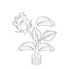 a drawing of a flower in a vase with leaves on the bottom and one bud