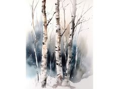 watercolor painting of trees in the snow