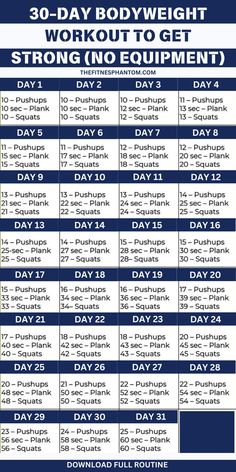 the 30 - day bodyweight workout plan is shown in blue, white and black