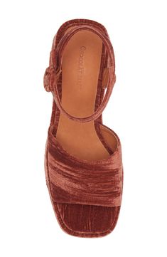 A chunky platform gives stylish lift to this luxe velvet sandal that's ready to hit the town. 3 1/2" heel; 1 1/2" platform Adjustable ankle strap with buckle closure Textile upper/leather lining/rubber sole Imported Velvet Sandals, Chunky Platform, Platform Sandals, Ankle Strap, Rubber Sole, Womens Sandals, Copper, Nordstrom, Buckle