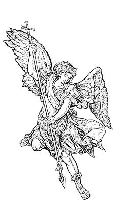 an angel holding a spear and sitting on top of a tree branch in the sky