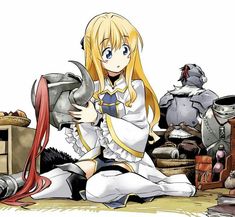 an anime character sitting on the ground next to other characters and equipment, with one person dressed as a knight