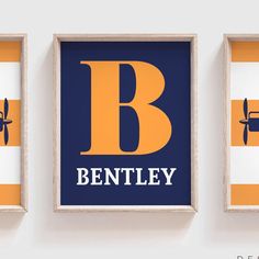 three framed pictures with the letter b and an airplane above them, hanging on a wall