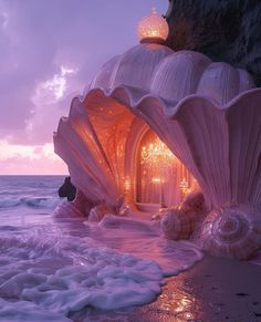 an unusual shell house on the beach at sunset