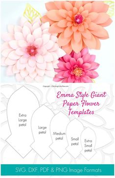 paper flower templates with flowers and hearts on the bottom, in different colors to choose from