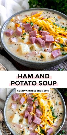 ham and potato soup in a bowl with parmesan cheese on top, and an overhead view of the soup