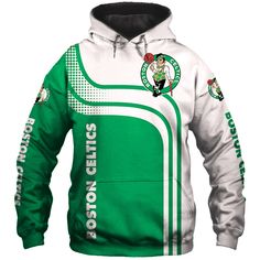 a green and white hoodie with the boston celtic logo on it