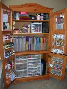 Repurposed Armoire For Scrapbooking Storage - 22 Clever And Inspirational DIY Ideas Old Entertainment Centers, Scrapbook Storage, Dream Craft Room, Kids Art Supplies, Scrapbook Room, Craft Room Storage, Craft Room Office, Organization Kids