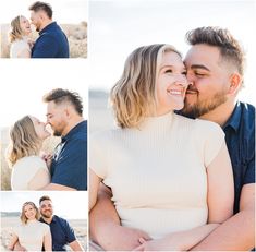 a man and woman hugging each other in front of the ocean with sand dunes behind them