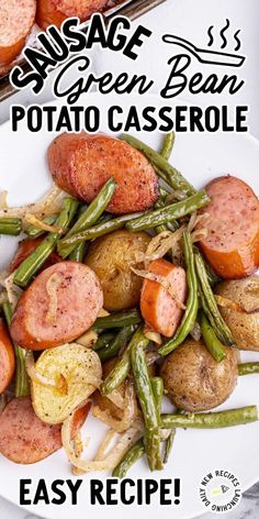 sausage and green bean potato casserole on a white plate with text overlay