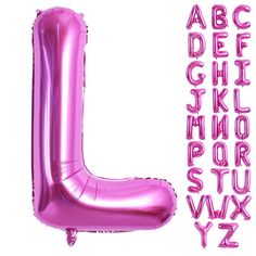 the letter j is made up of pink foil balloons and it's balloon type