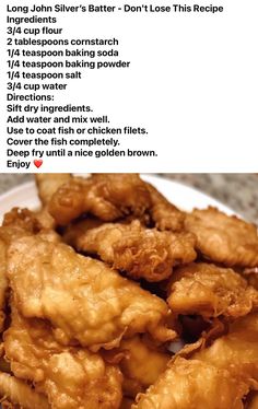 the recipe for fried chicken is shown on a plate