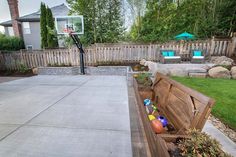 an outdoor basketball court with benches and balls in the back yard on a nice day