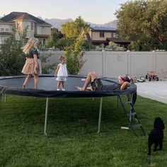 two girls and a dog are playing on a trampoline in the back yard