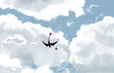 two birds are flying in the cloudy sky