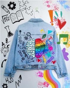 a denim jacket with an image of a brain painted on it and music notes in the background