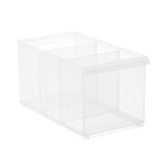 a clear plastic storage box with two compartments