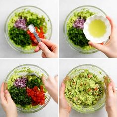 four pictures showing how to make guacamole in a glass bowl with a spoon