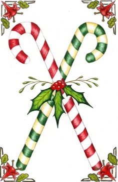 two candy canes with holly leaves and bows on the top one is red, white and green