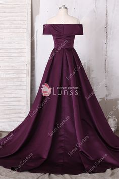 Purple Floor-length Ball Gown With Sweep Train, Elegant Off-shoulder Purple Evening Dress, Purple Ball Gown Evening Dress With Sweep Train, Fitted Purple Dress With Detachable Train, Elegant Purple Ball Gown For Gala, Purple Off-shoulder Prom Evening Dress, Purple Off-shoulder Prom Dress, Purple Off-shoulder Gown For Formal Occasions, Purple Off-shoulder Formal Gown