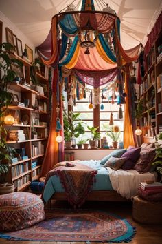 a bed room with a neatly made bed and lots of books on the shelves next to it