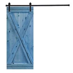 an open blue barn door with black metal bars on the top and bottom, against a white background