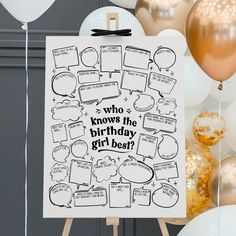 a birthday card with the words who knows the birthday girl best? surrounded by balloons