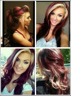 Shadow Box Hair Color Ideas, Funky Hair Color Ideas For Brunettes, Burgundy With Blonde Money Piece, Bold Fall Hair Colors, Edgy Fall Hair Color, Blonde And Maroon Hair, Burgundy Hair With Blonde Money Piece, Burgundy Blonde Balayage, Plum Hair With Blonde Highlights