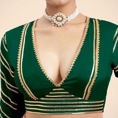 Elegant Navya Bottle Green Saree Blouse with Elbow Sleeves & Gota Patti for Festive Occasions. Luxe Artificial Silk. Bottle Green Saree, Pant Saree, Saree Accessories, Halter Neck Blouses, Open Blouse, Boat Neck Blouse, Maroon Blouse, Readymade Saree, Unique Blouse Designs