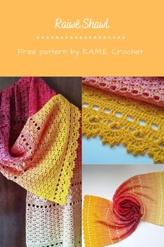 three different crocheted shawls with text that reads, free pattern by kame crochet