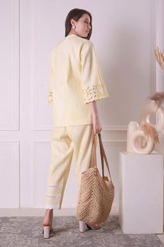 Yellow shirt with a cutwork hem and sleeves. Paired with a pant with lace work. - Aza Fashions Cotton Sets For Spring Workwear, Casual Chikankari Embroidery Sets For Spring, Cotton Workwear Sets With Long Pants, Jayanti Reddy, Anamika Khanna, Rohit Bal, Tarun Tahiliani, Yellow Shirt, Pant Set For Women