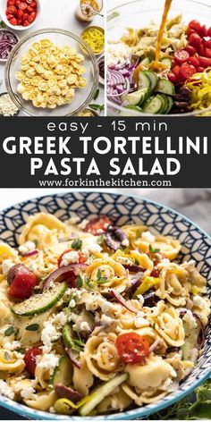 greek tortelli pasta salad with tomatoes, cucumbers and olives in a bowl