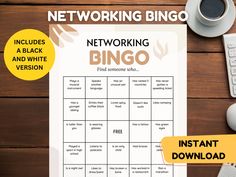 a poster with the words networking and a cup of coffee next to it on a wooden table