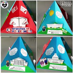 four pyramids with pictures of the three branches of government written on them and attached to each other