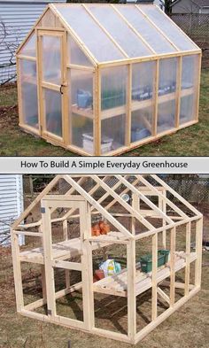 two pictures side by side showing the inside and outside of a small greenhouse