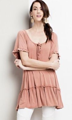 Jemma Flowy Boho Inspired Top With Tie Neckline In Chedron Flowy Bohemian Brown Top, Flowy V-neck Feminine Tops, Flowy Rayon Peasant Top With V-neck, Flowy Rayon V-neck Peasant Top, Black Easel, Shirt Extender, Bohemian V-neck Top With Ruffle Hem, Feminine Top, Brand Clothing