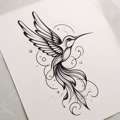 a drawing of a humming bird with swirls and stars on it's wings