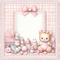 a pink frame with a teddy bear and other baby items on the edge, in front of a gingham checkered background